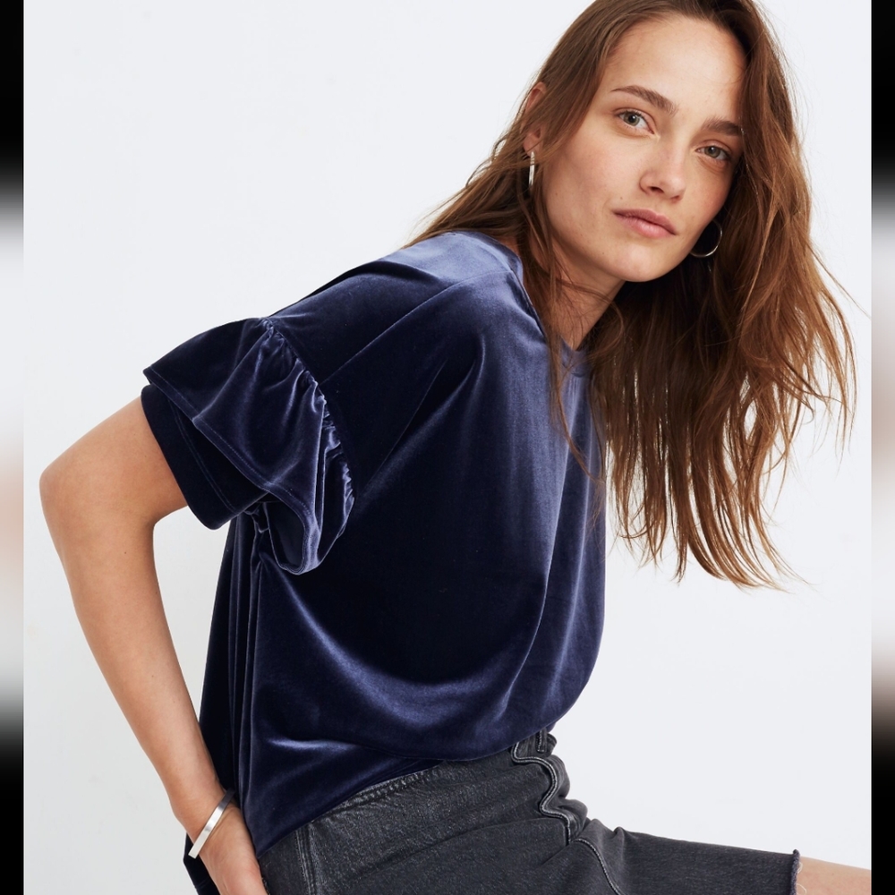 Madewell Blue Velvet Ruffle Sleeve Top